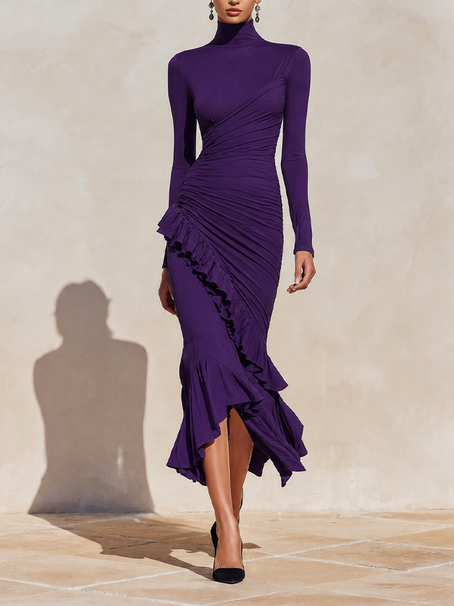 Women's Evening Ruched Ruffle Turtleneck Midi Dress MDZ1025H6LYL