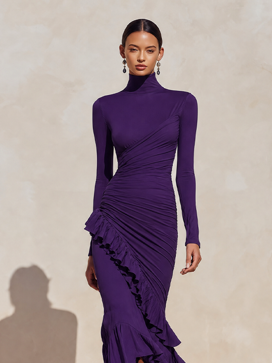 Women's Evening Ruched Ruffle Turtleneck Midi Dress MDZ1025H6LYL