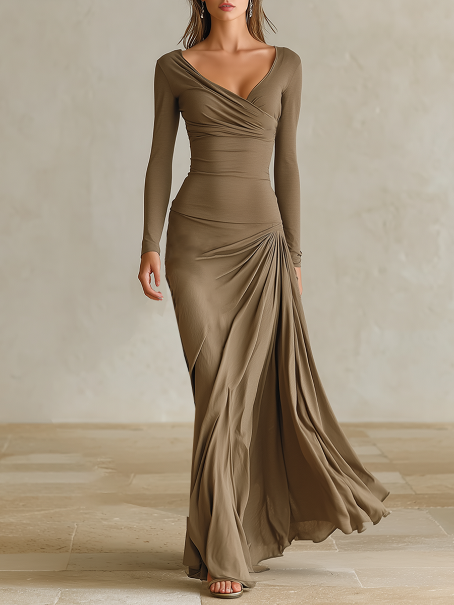 Women's Formal V‑Neck Draped Slim Fit Maxi Dress MDZ1036H6LYL