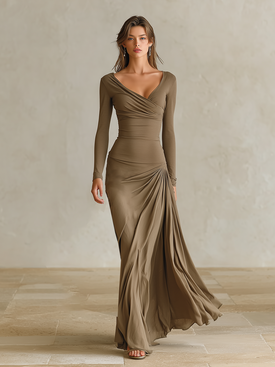 Women's Formal V‑Neck Draped Slim Fit Maxi Dress MDZ1036H6LYL