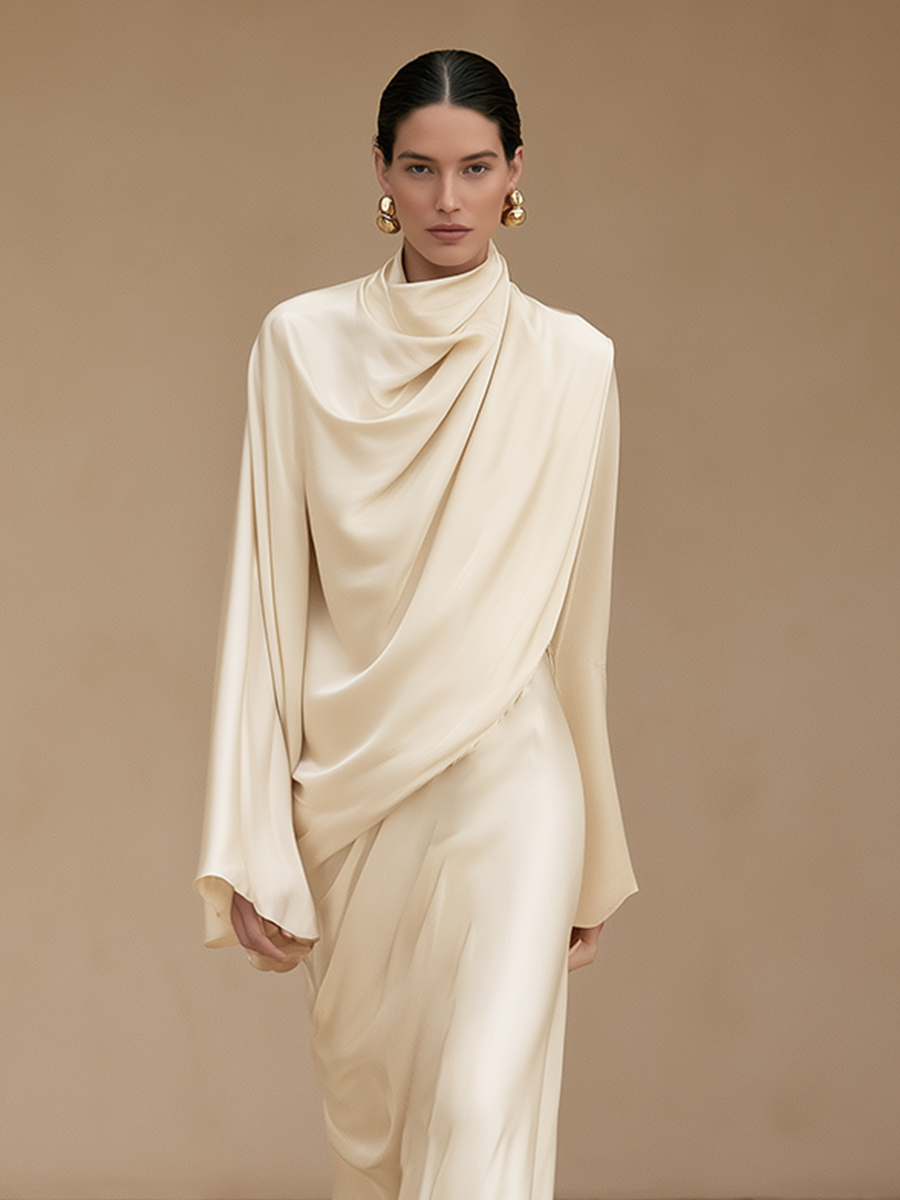 Women's Formal Cowl Neck Flare Sleeve Satin Gown MDZ1028H9LYL