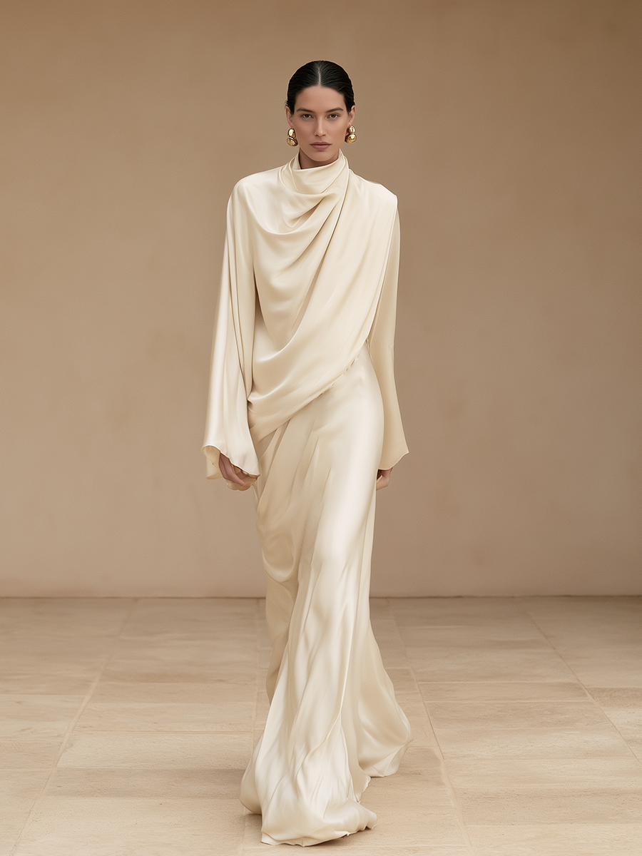 Women's Formal Cowl Neck Flare Sleeve Satin Gown MDZ1028H9LYL