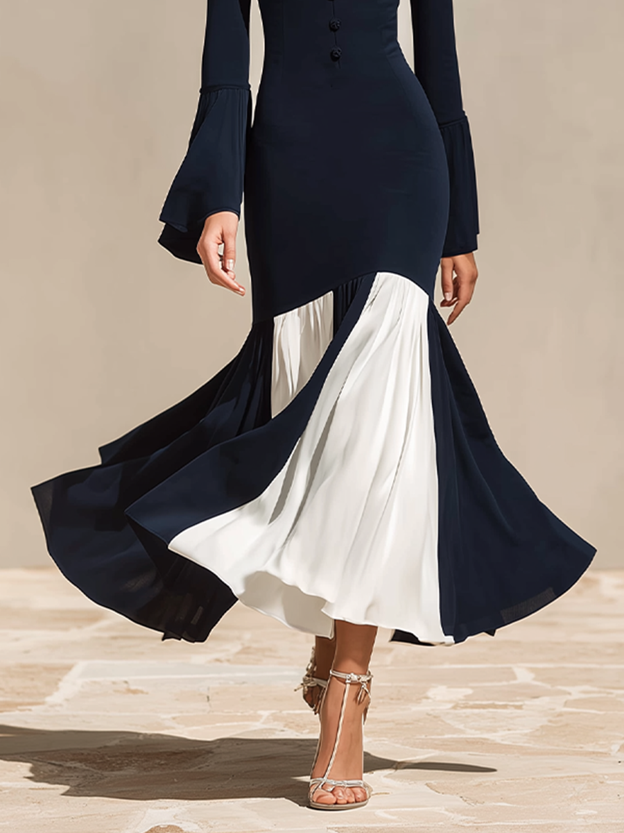 Women's Formal Slim Fit Stand Collar Flared Hem Dress MDZ1085H5LYL
