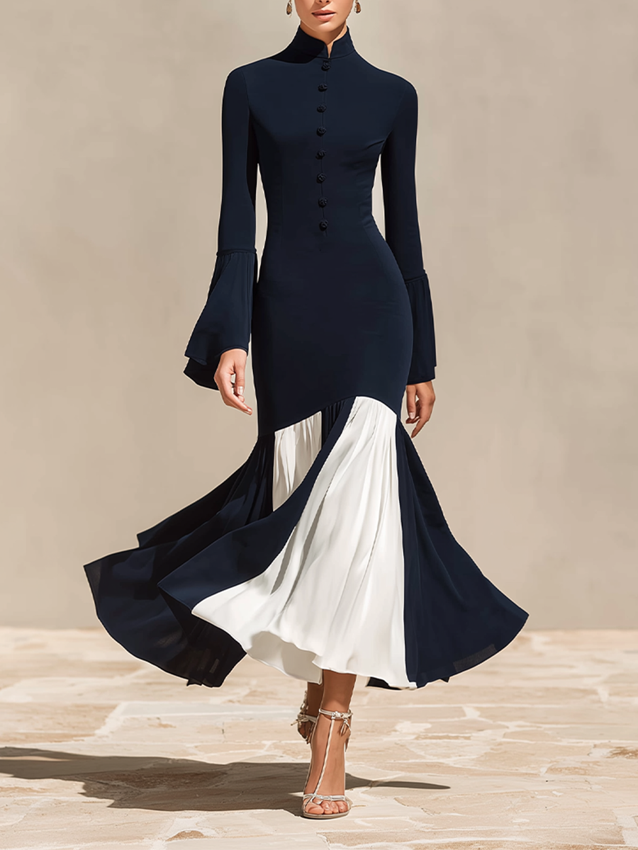Women's Formal Slim Fit Stand Collar Flared Hem Dress MDZ1085H5LYL