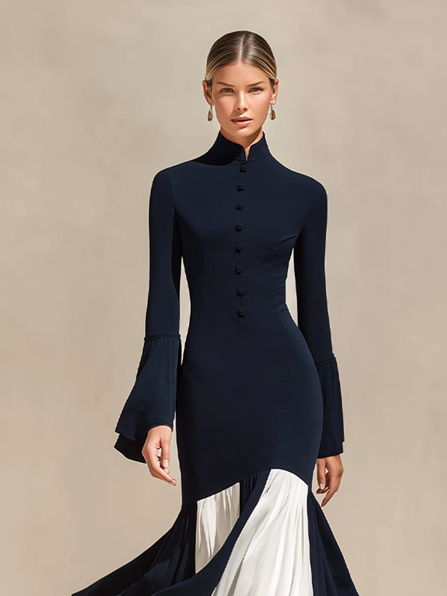 Women's Formal Slim Fit Stand Collar Flared Hem Dress MDZ1085H5LYL