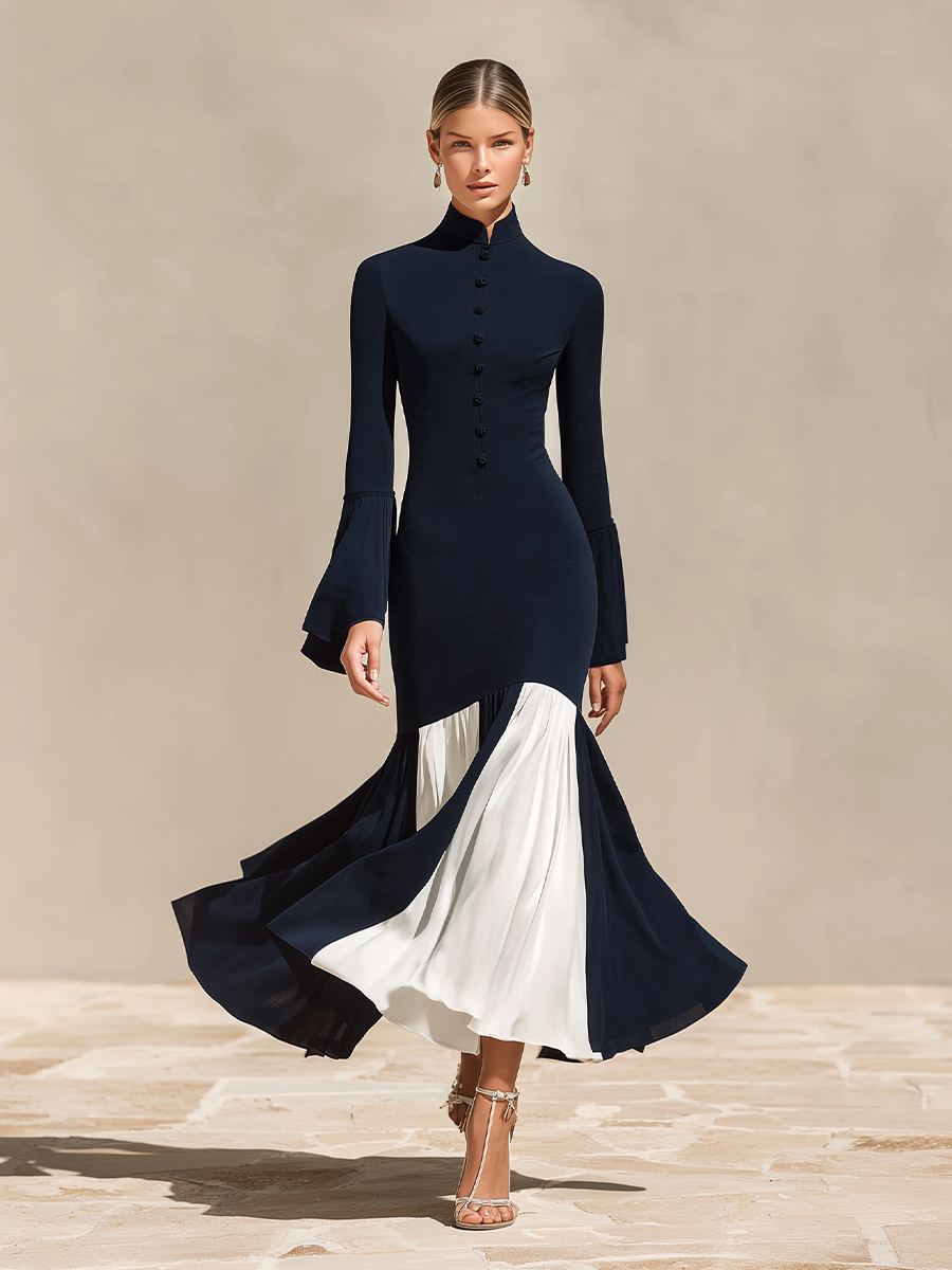 Women's Formal Slim Fit Stand Collar Flared Hem Dress MDZ1085H5LYL