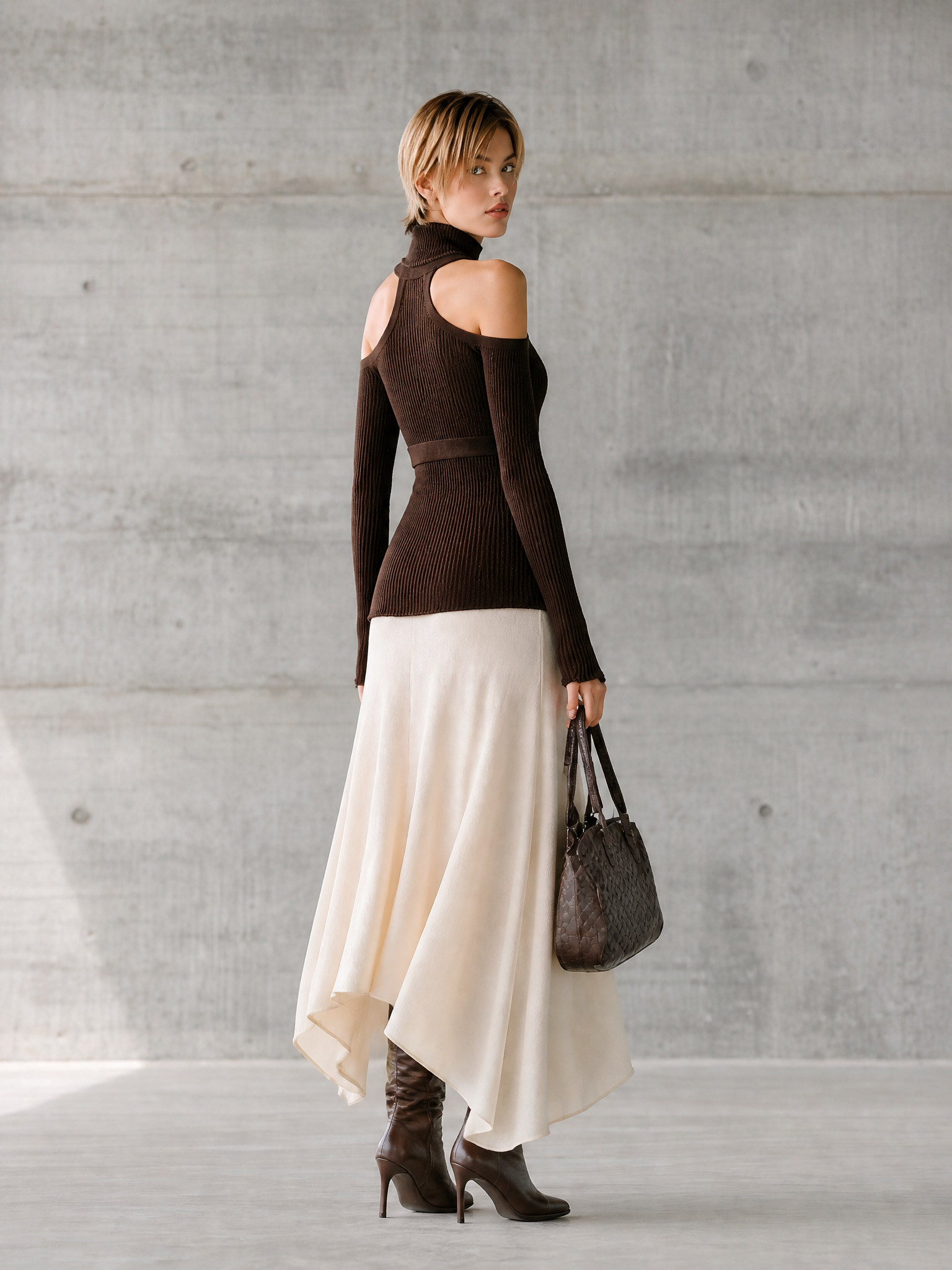 Women's Cutout Turtleneck Colorblock Brown Maxi Skirt Set MDZ1066H1YZJ