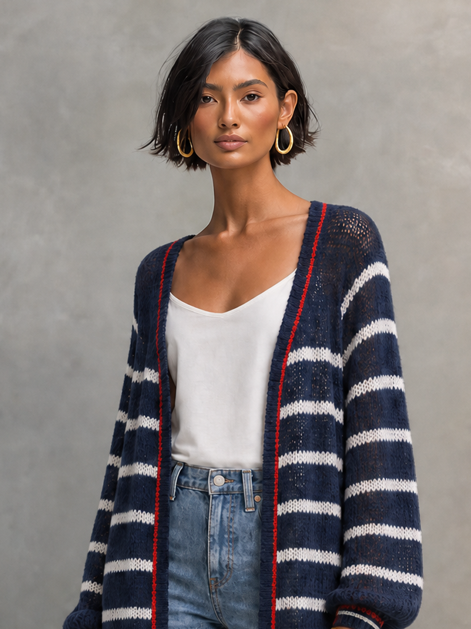 Women's Vintage Striped Open-Front Cardigan MDZ1019H6WY