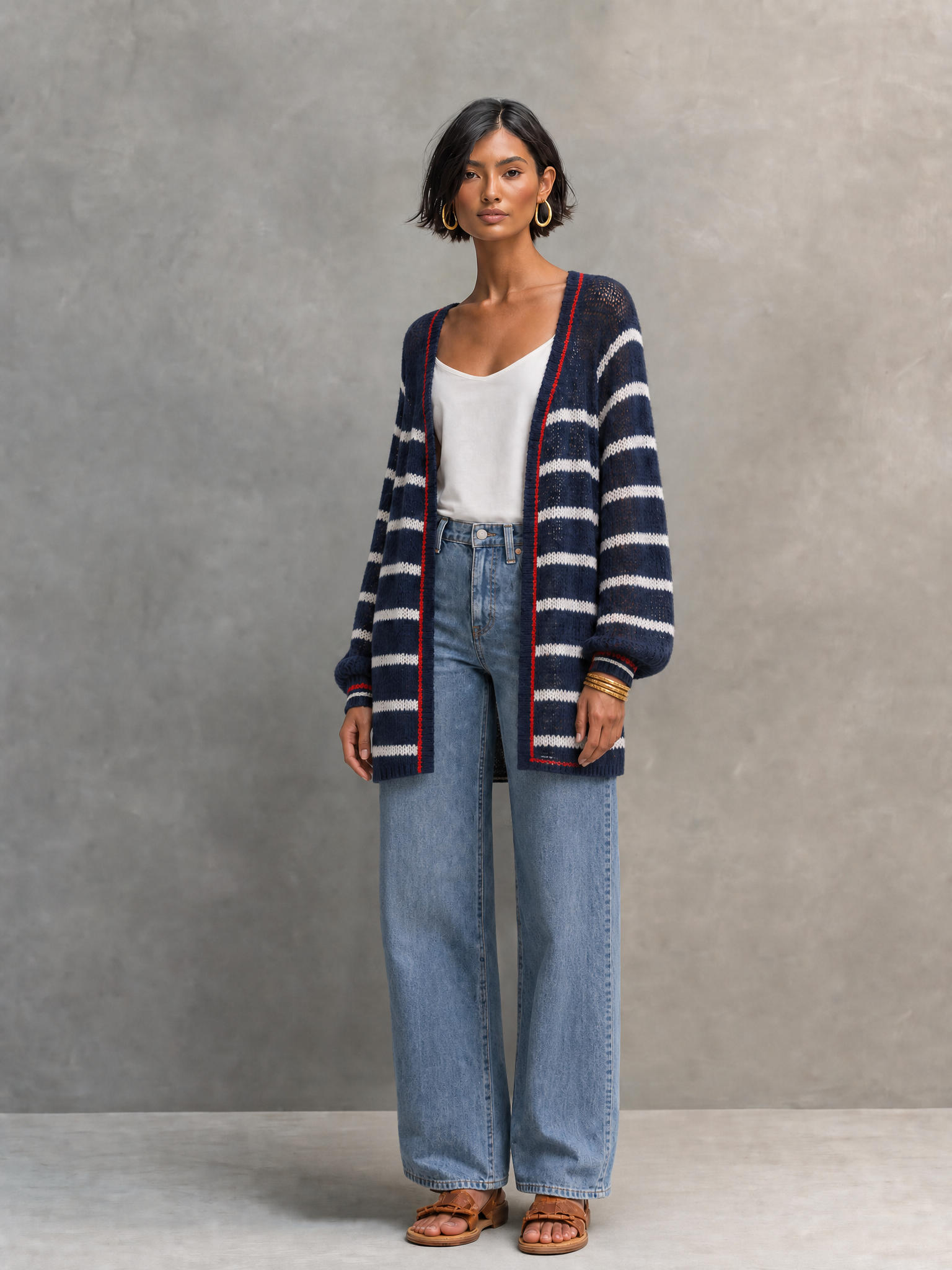 Women's Vintage Striped Open-Front Cardigan MDZ1019H6WY