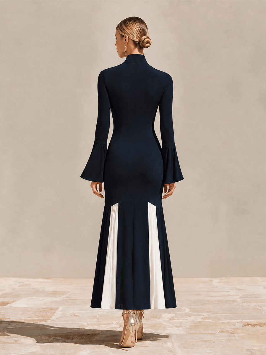 Women's Formal Slim Fit Stand Collar Flared Hem Dress MDZ1085H5LYL
