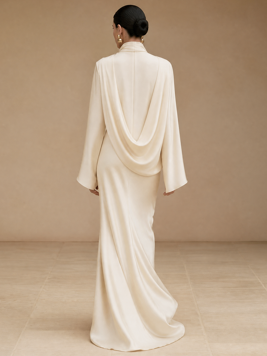 Women's Formal Cowl Neck Flare Sleeve Satin Gown MDZ1028H9LYL