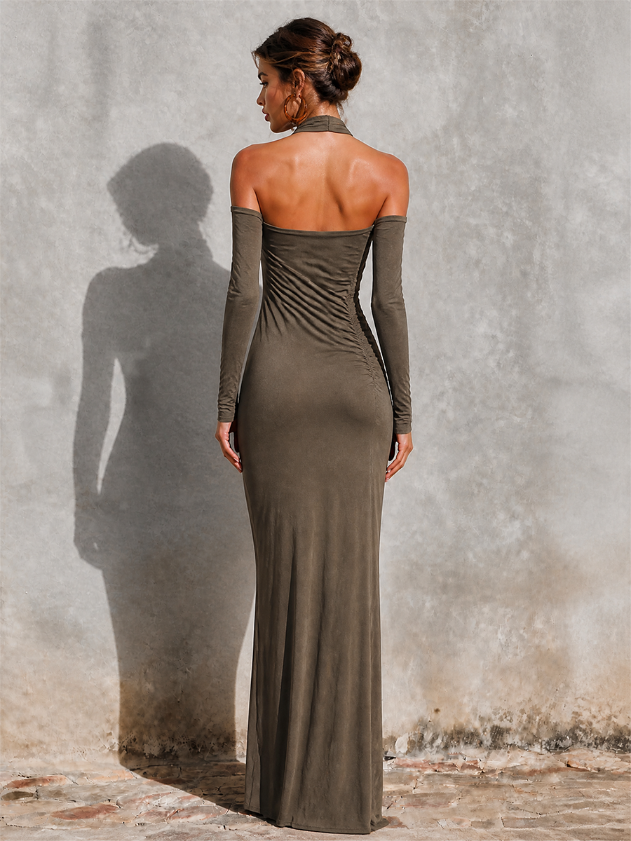 Women's Evening Cutout Twist Halter Long Sleeve Gown MDZ1095H9LYL