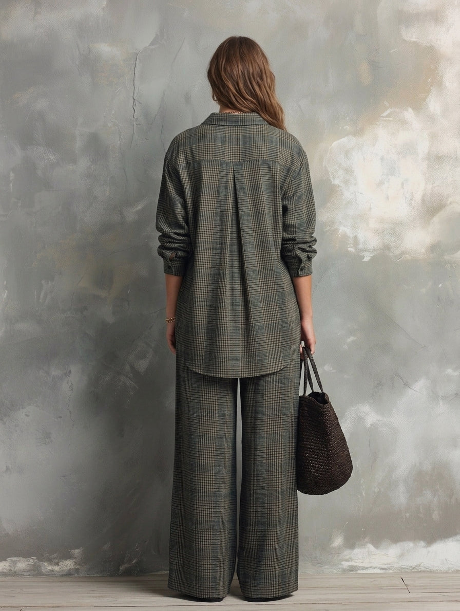 Women's Casual Dark Green Plaid Print Long Sleeve Shirt & Trousers 2-Piece Set MDZ1080H4LXY