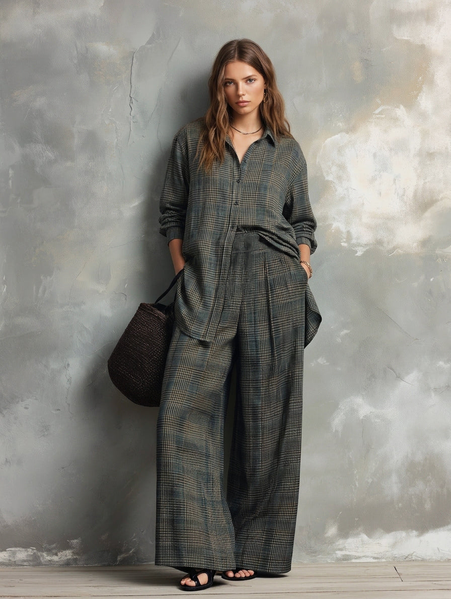 Women's Casual Dark Green Plaid Print Long Sleeve Shirt & Trousers 2-Piece Set MDZ1080H4LXY