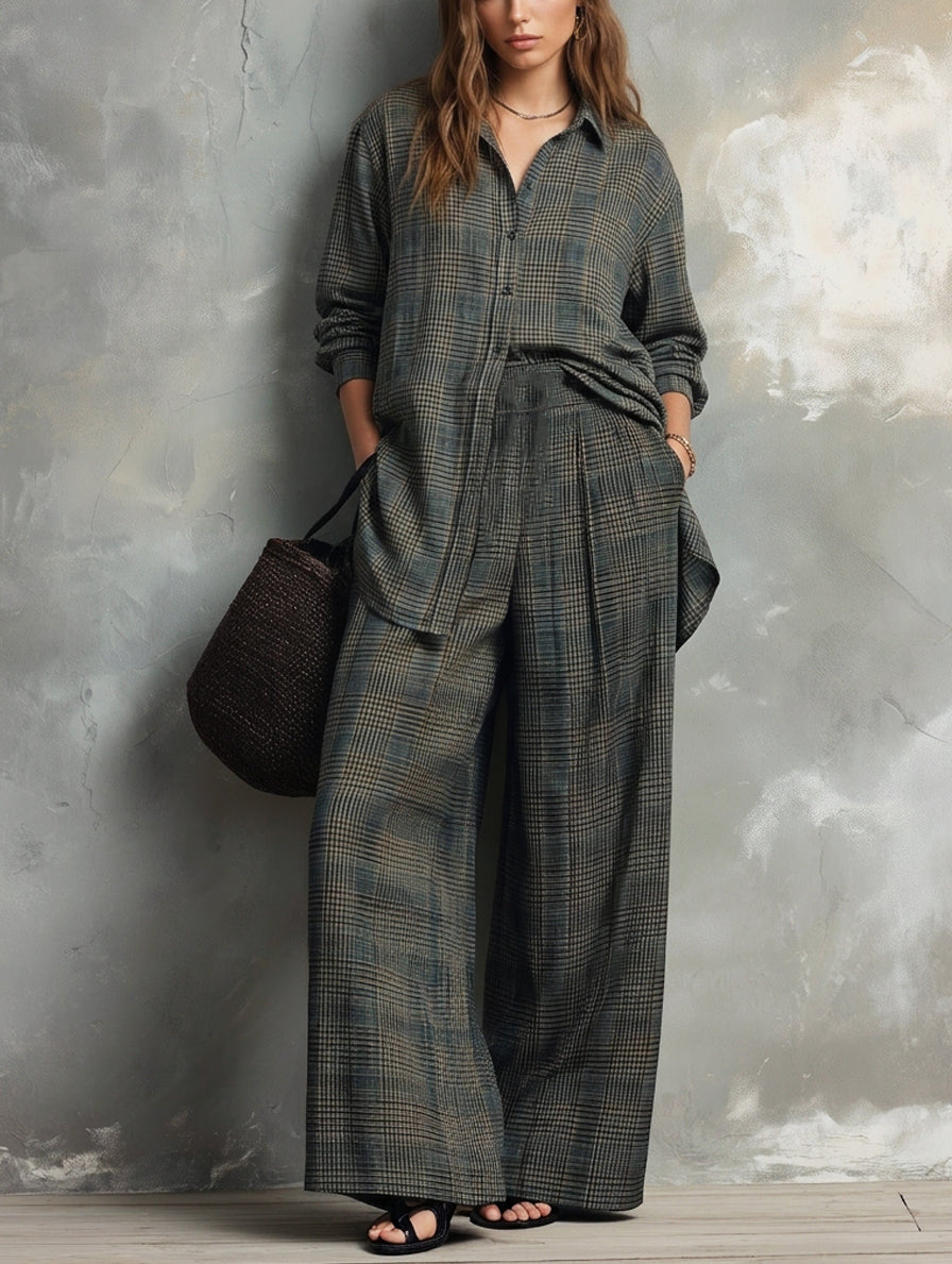 Women's Casual Dark Green Plaid Print Long Sleeve Shirt & Trousers 2-Piece Set MDZ1080H4LXY