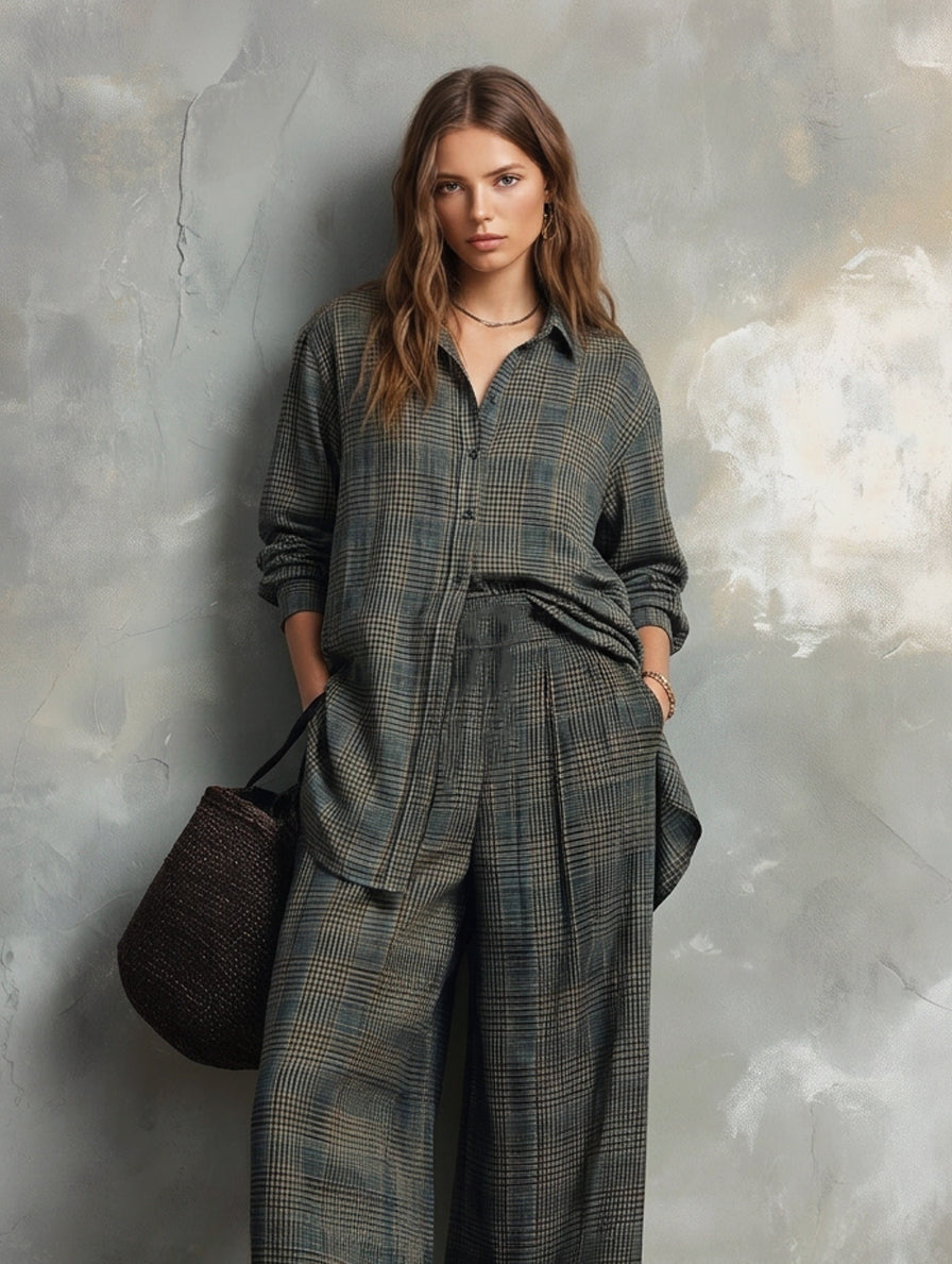 Women's Casual Dark Green Plaid Print Long Sleeve Shirt & Trousers 2-Piece Set MDZ1080H4LXY