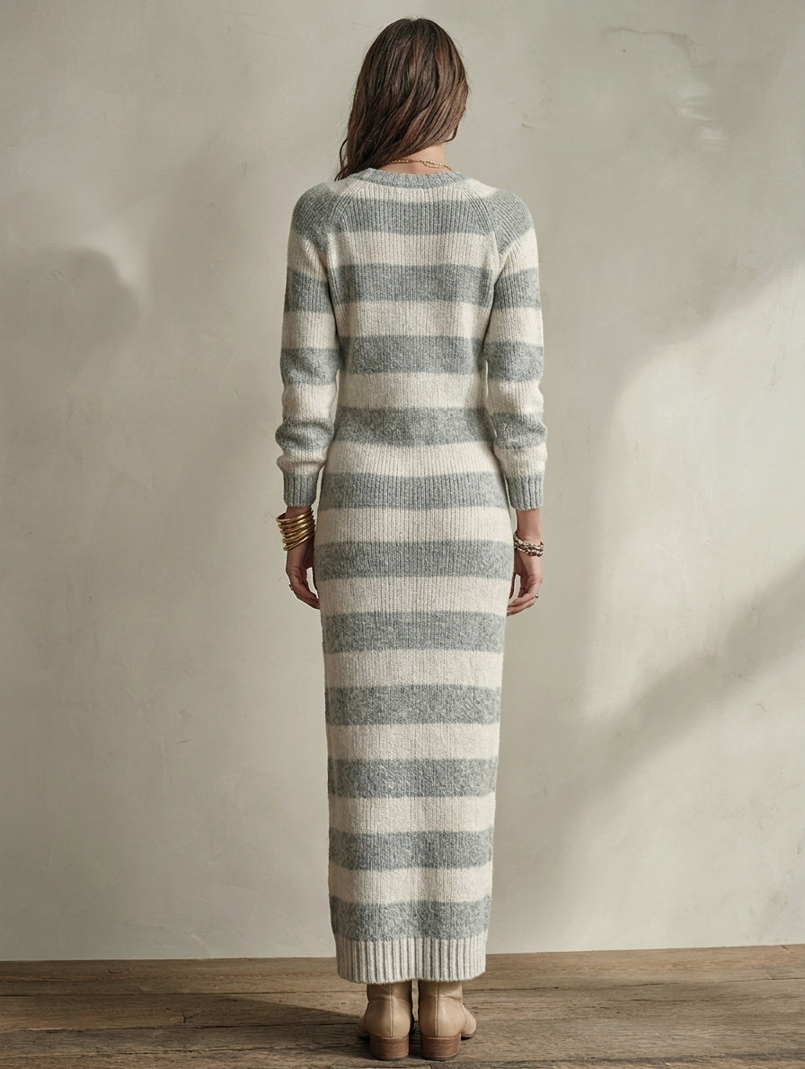 Women's Casual Grey And White Striped Long-Sleeve Knit Maxi Dress MDZ1019H5LXY