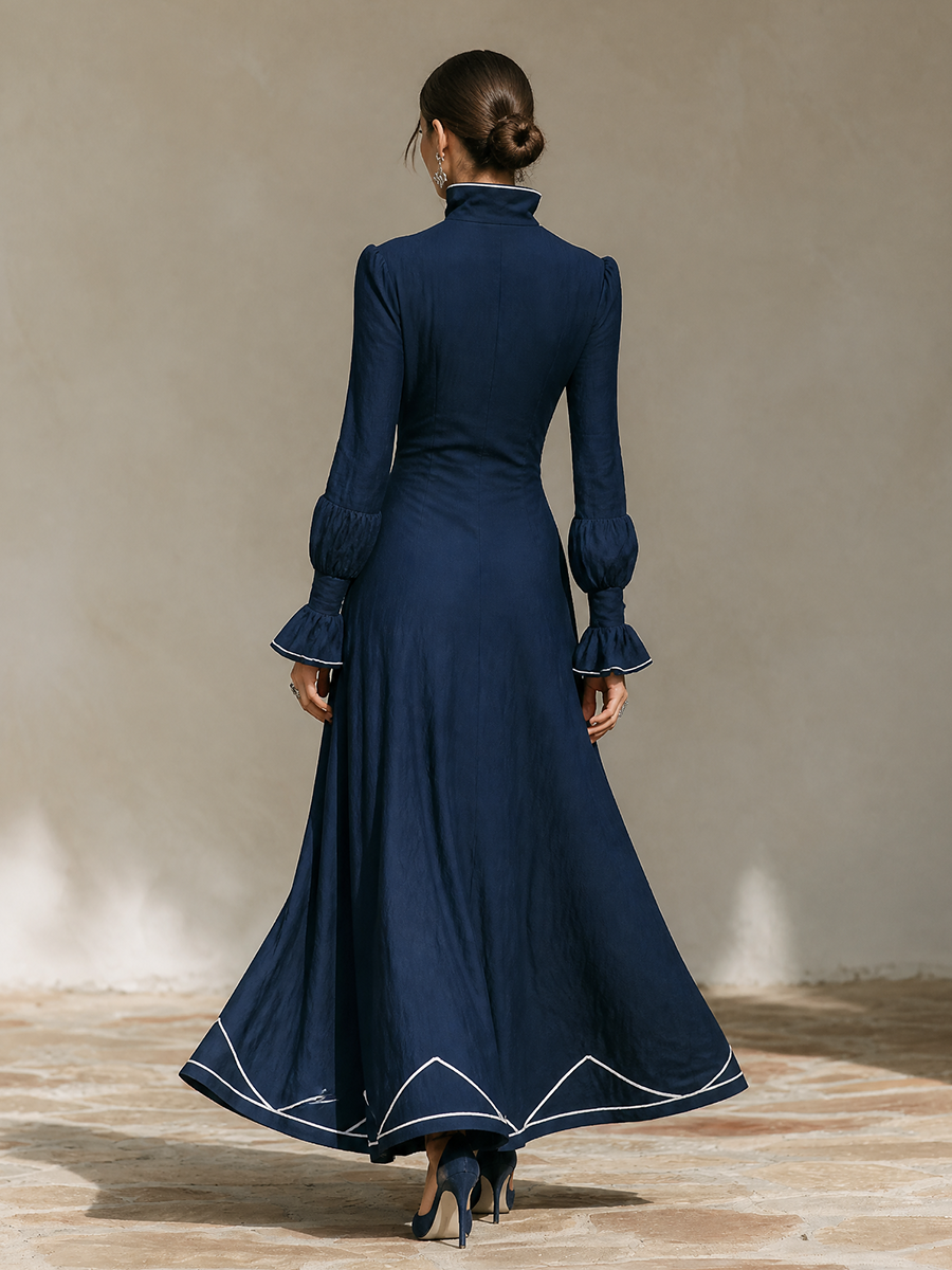 Women's Vacation Contrast Trim Flare Sleeve Maxi Dress MDZ1094H9LYL