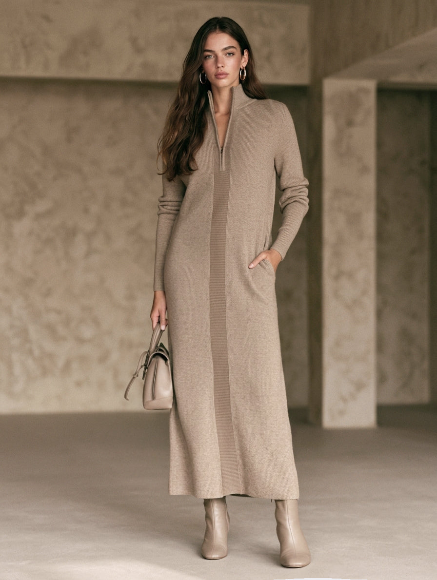 Women's Casual Khaki Knit Long-Sleeve Maxi Dress With Half-Zip Collar MDZ1041H4LXY