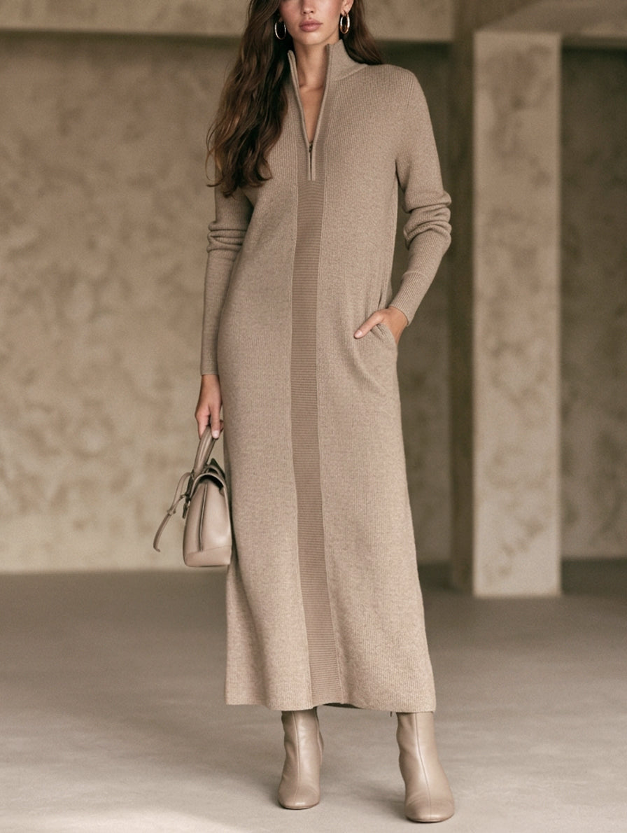 Women's Casual Khaki Knit Long-Sleeve Maxi Dress With Half-Zip Collar MDZ1041H4LXY