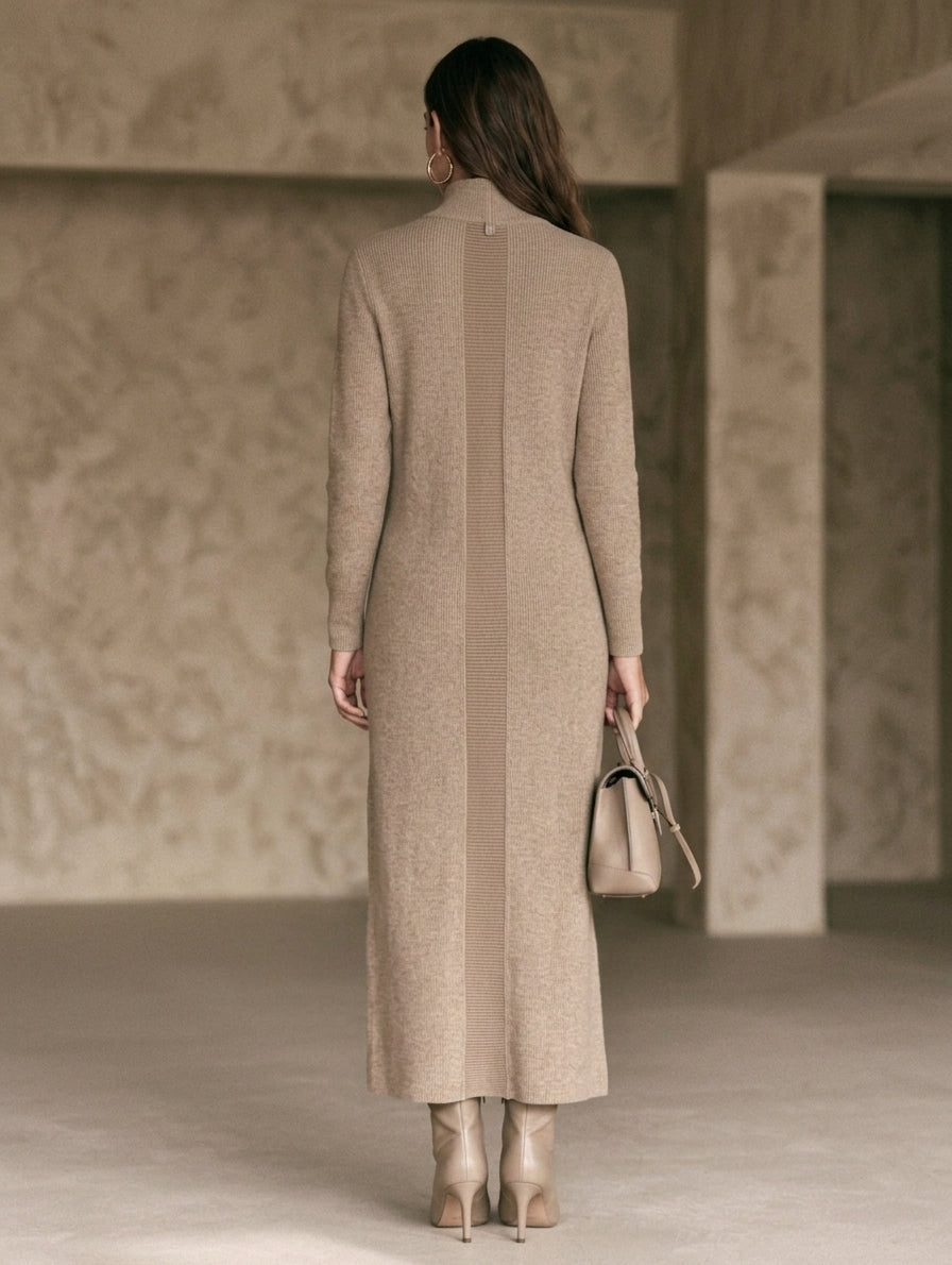 Women's Casual Khaki Knit Long-Sleeve Maxi Dress With Half-Zip Collar MDZ1041H4LXY
