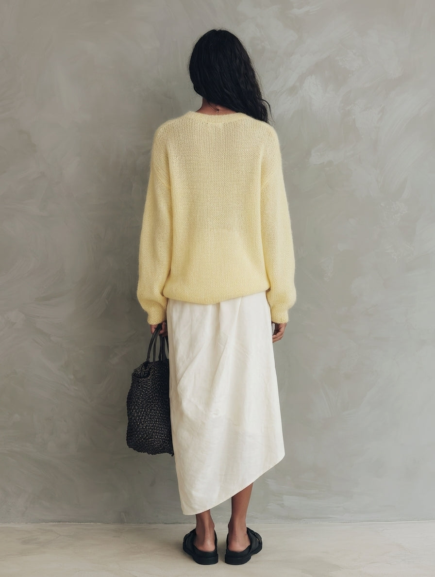 Women's Casual Yellow Long-sleeved Knit Sweater And White Woven Skirt 2-Piece Set MDZ1030H3LXY