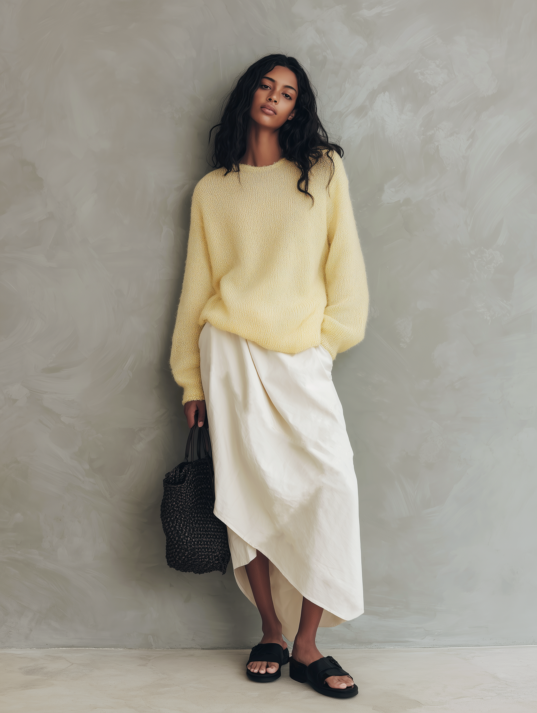 Women's Casual Yellow Long-sleeved Knit Sweater And White Woven Skirt 2-Piece Set MDZ1030H3LXY