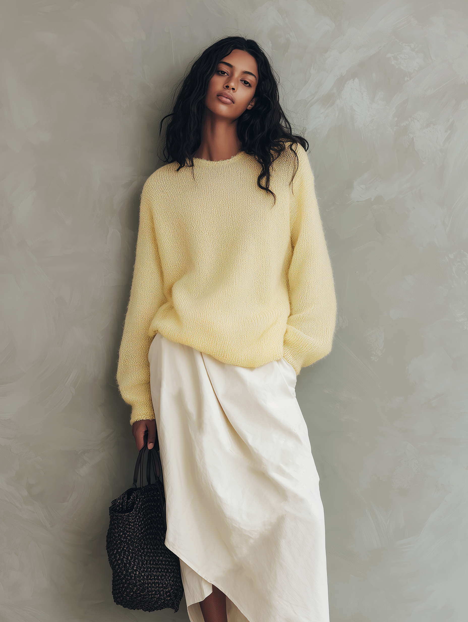 Women's Casual Yellow Long-sleeved Knit Sweater And White Woven Skirt 2-Piece Set MDZ1030H3LXY