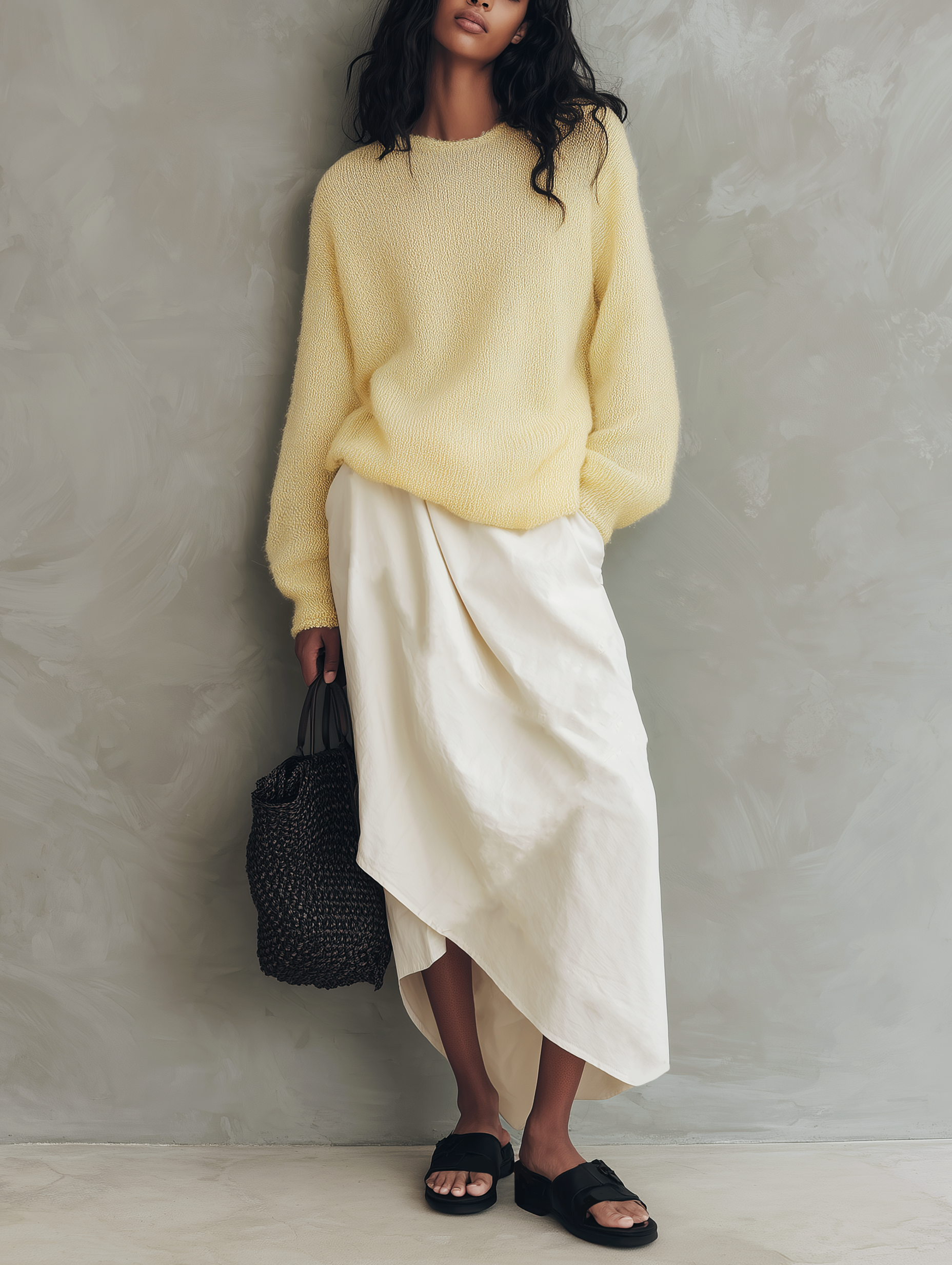 Women's Casual Yellow Long-sleeved Knit Sweater And White Woven Skirt 2-Piece Set MDZ1030H3LXY