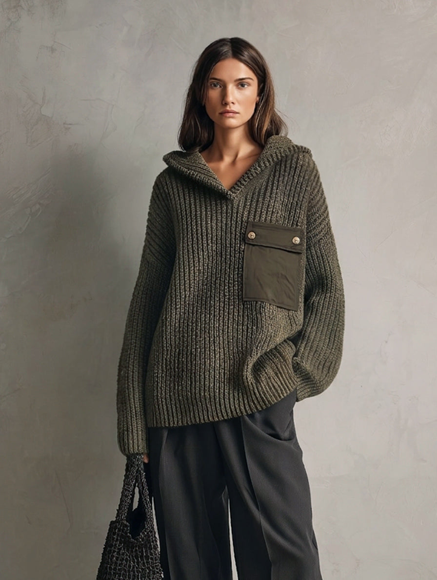 Women's Casual Dark Green Knit Sweatshirt And Dark Gray Woven Trousers 2-Piece Set MDZ1016H0LXY