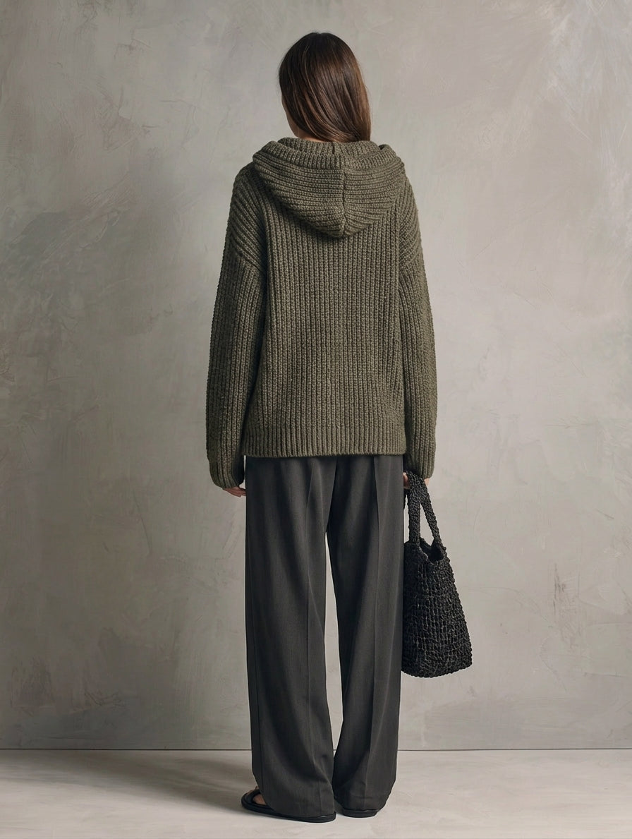 Women's Casual Dark Green Knit Sweatshirt And Dark Gray Woven Trousers 2-Piece Set MDZ1016H0LXY