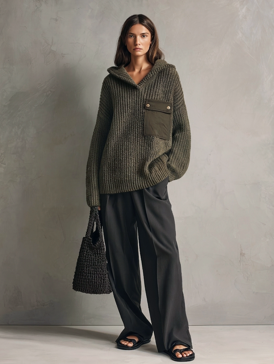Women's Casual Dark Green Knit Sweatshirt And Dark Gray Woven Trousers 2-Piece Set MDZ1016H0LXY