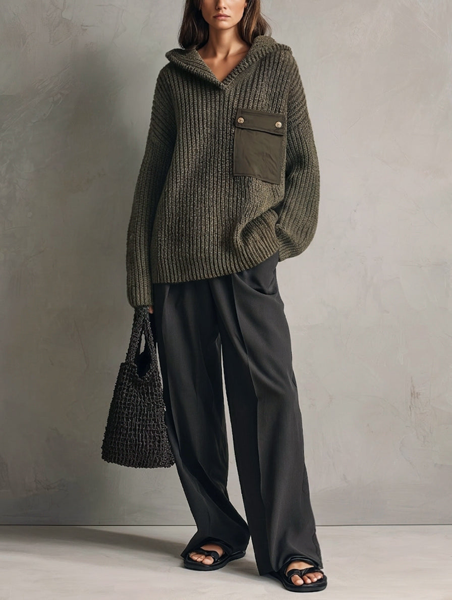 Women's Casual Dark Green Knit Sweatshirt And Dark Gray Woven Trousers 2-Piece Set MDZ1016H0LXY