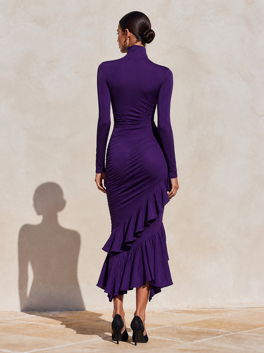 Women's Evening Ruched Ruffle Turtleneck Midi Dress MDZ1025H6LYL