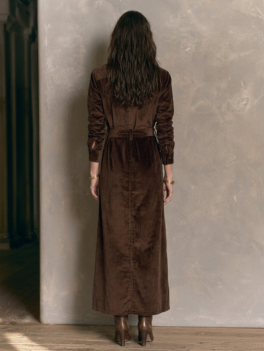 Women's Casual Dark Brown Corduroy Long Sleeve Belted Maxi Shirt Dress MDZ1045H1LXY