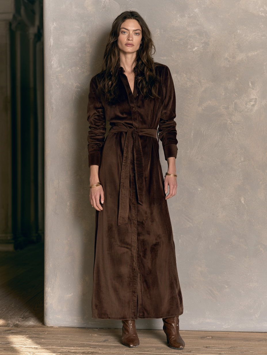 Women's Casual Dark Brown Corduroy Long Sleeve Belted Maxi Shirt Dress MDZ1045H1LXY