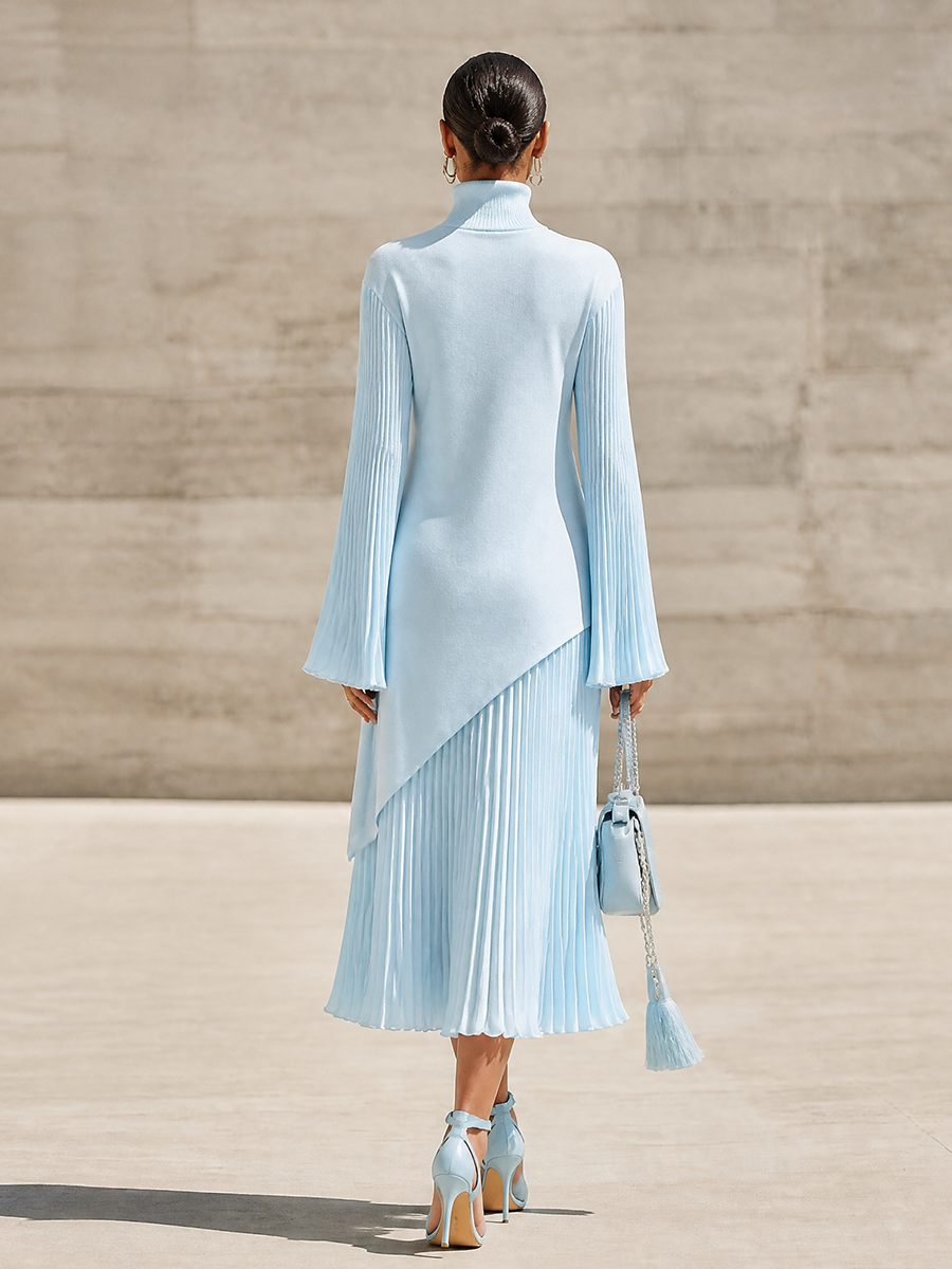 Women's Elegant Flare Sleeve Knit Pleated Midi Dress MDZ1093H3LYL