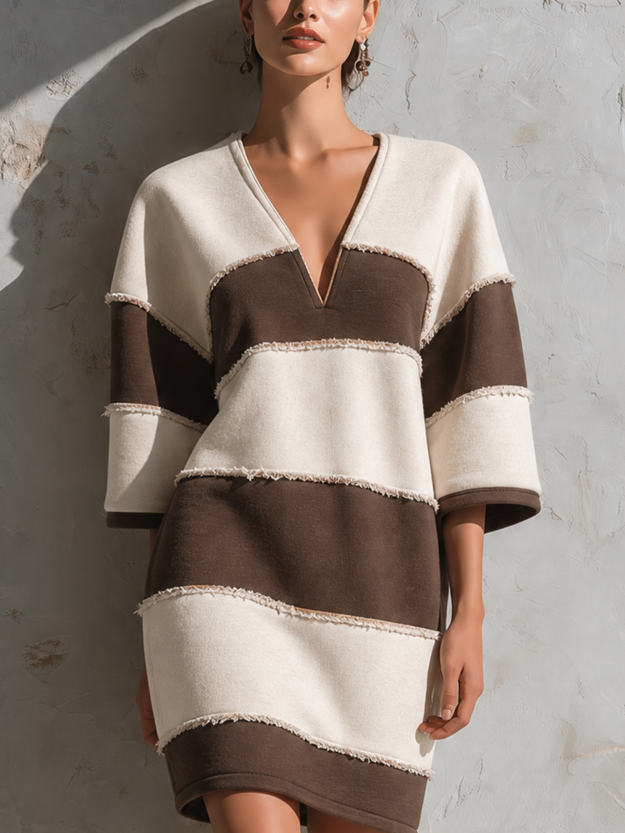 Women's V-Neck Color Block Striped Sweatshirt Dress With Raw Edge Trim MDZ1036H5YZJ