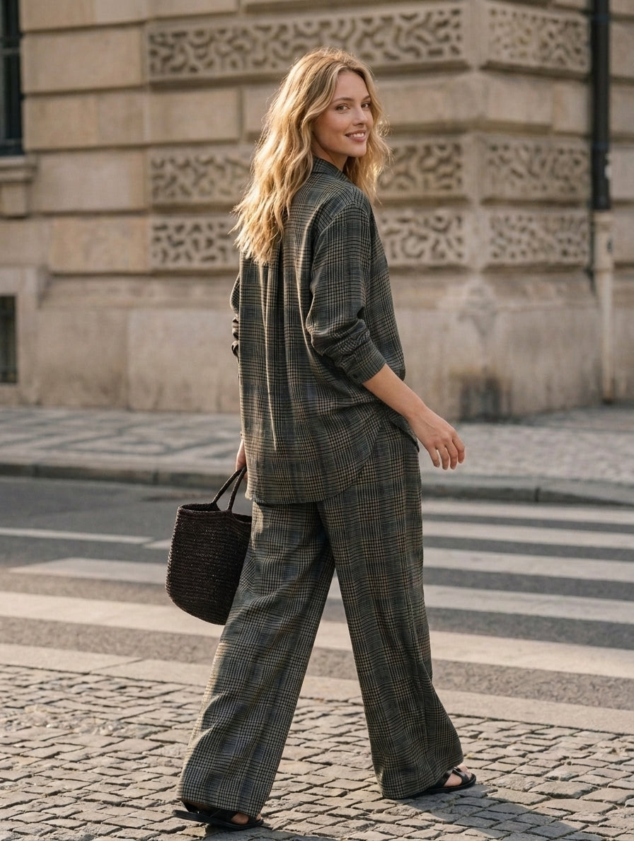 Women's Casual Dark Green Plaid Print Long Sleeve Shirt & Trousers 2-Piece Set MDZ1080H4LXY