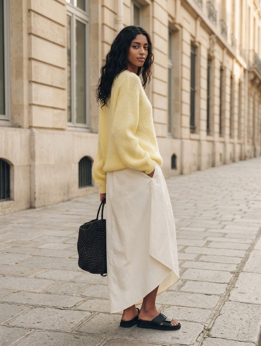 Women's Casual Yellow Long-sleeved Knit Sweater And White Woven Skirt 2-Piece Set MDZ1030H3LXY
