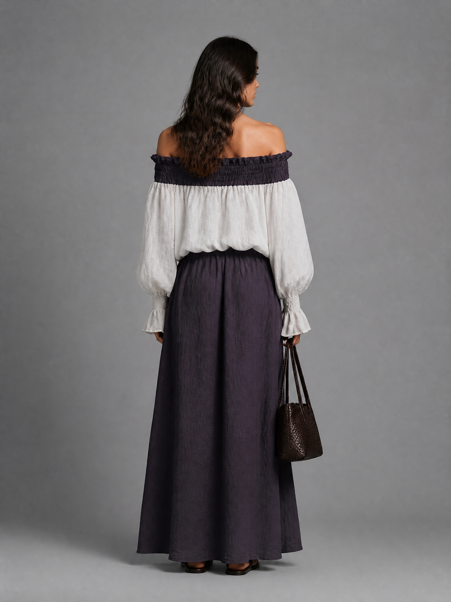 Women's Color-Blocked Cotton Linen Off-Shoulder Maxi Dress Set MDZ1037H6GMJ