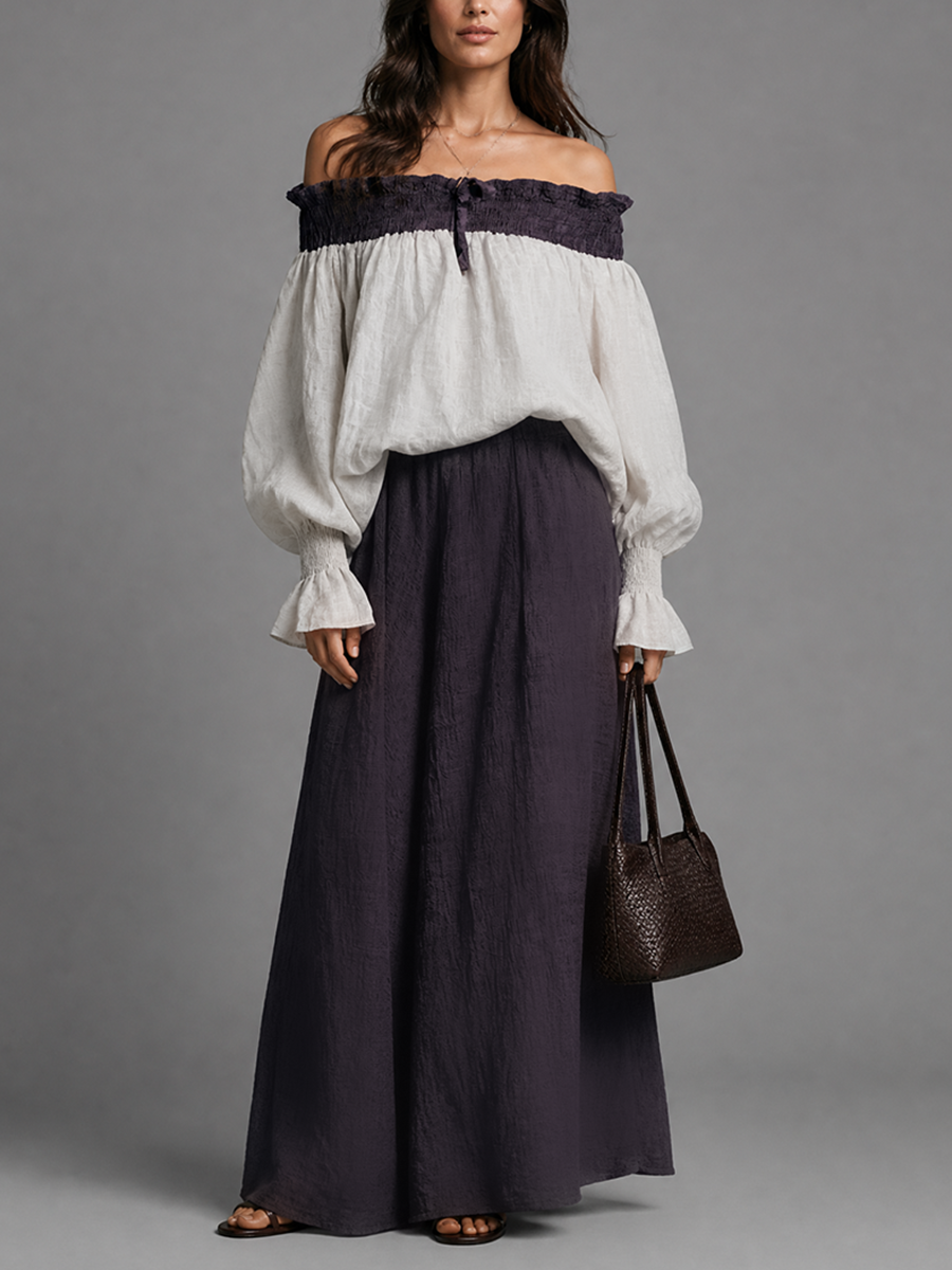 Women's Color-Blocked Cotton Linen Off-Shoulder Maxi Dress Set MDZ1037H6GMJ