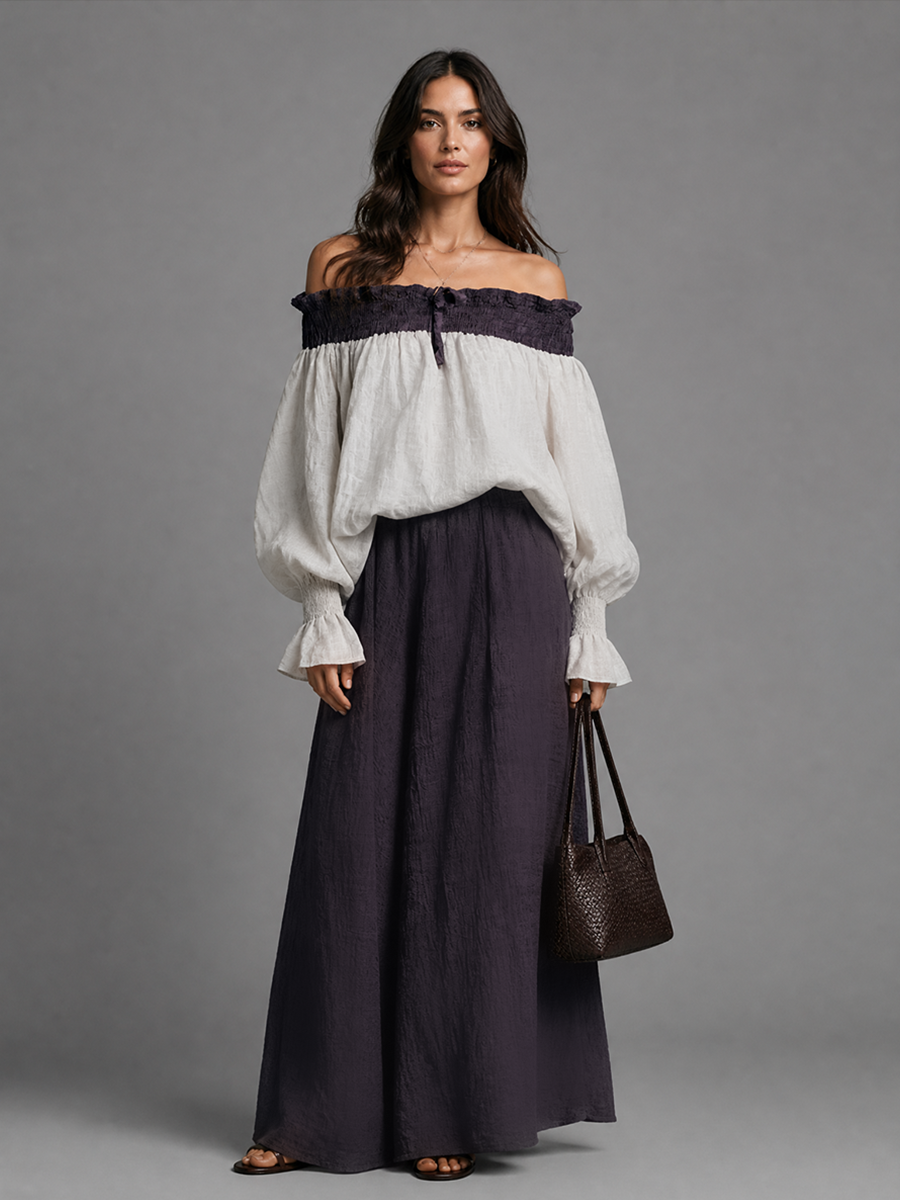 Women's Color-Blocked Cotton Linen Off-Shoulder Maxi Dress Set MDZ1037H6GMJ