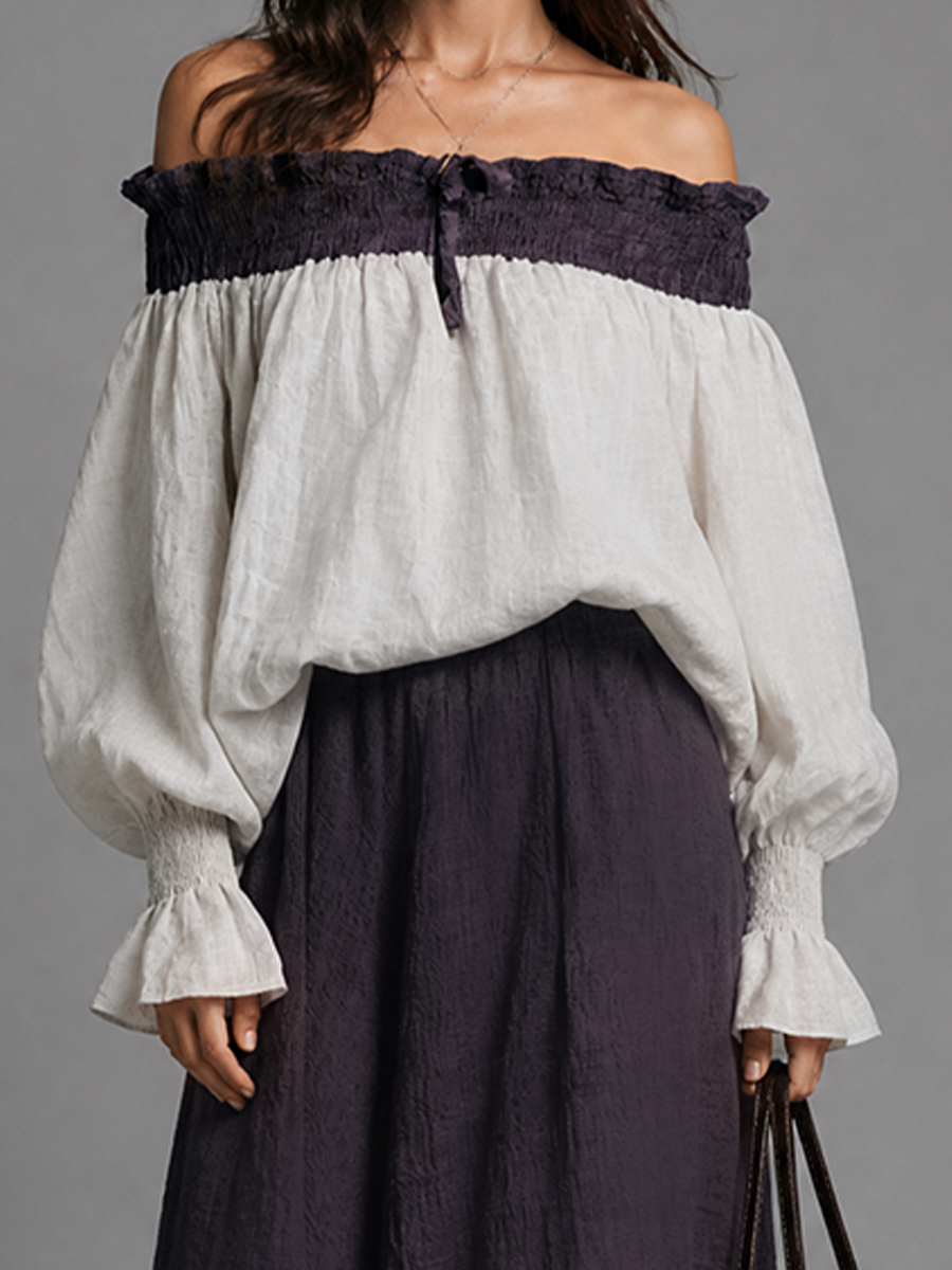 Women's Color-Blocked Cotton Linen Off-Shoulder Maxi Dress Set MDZ1037H6GMJ