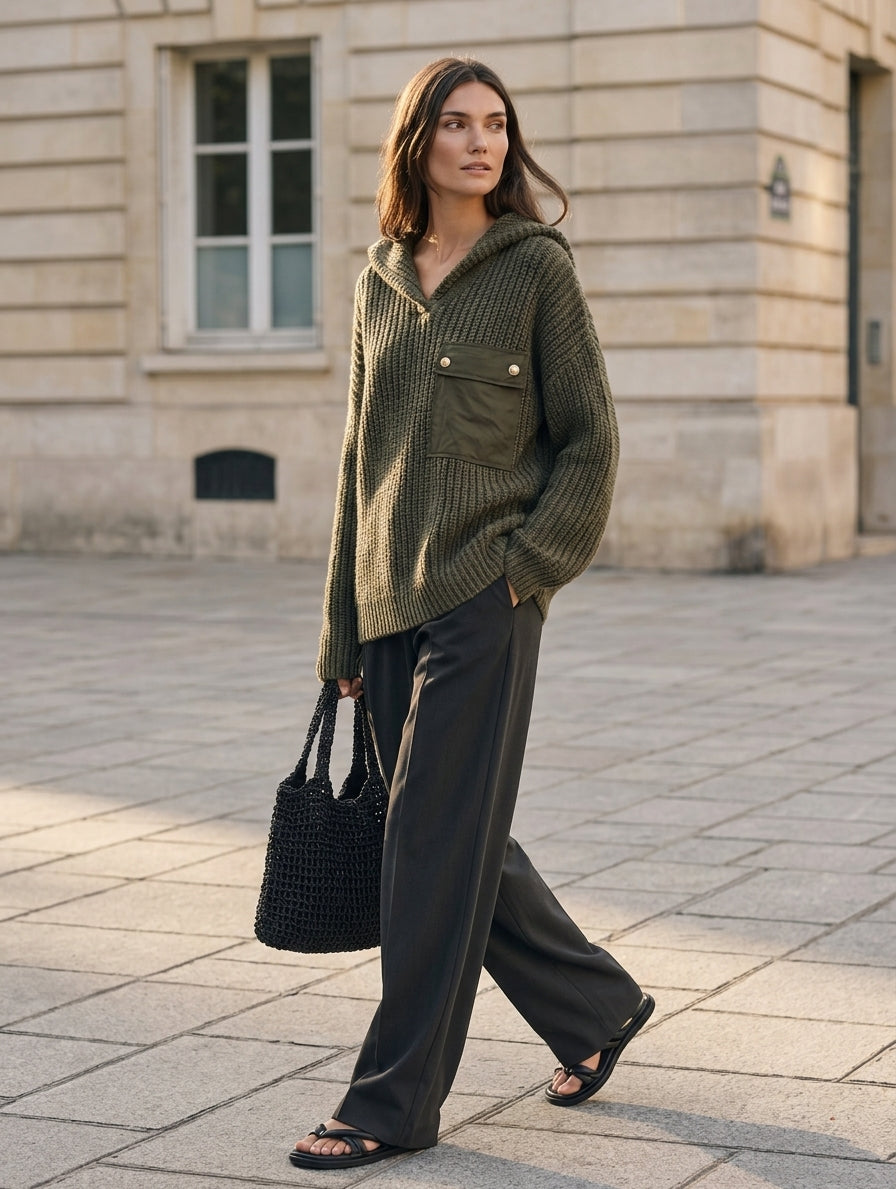 Women's Casual Dark Green Knit Sweatshirt And Dark Gray Woven Trousers 2-Piece Set MDZ1016H0LXY