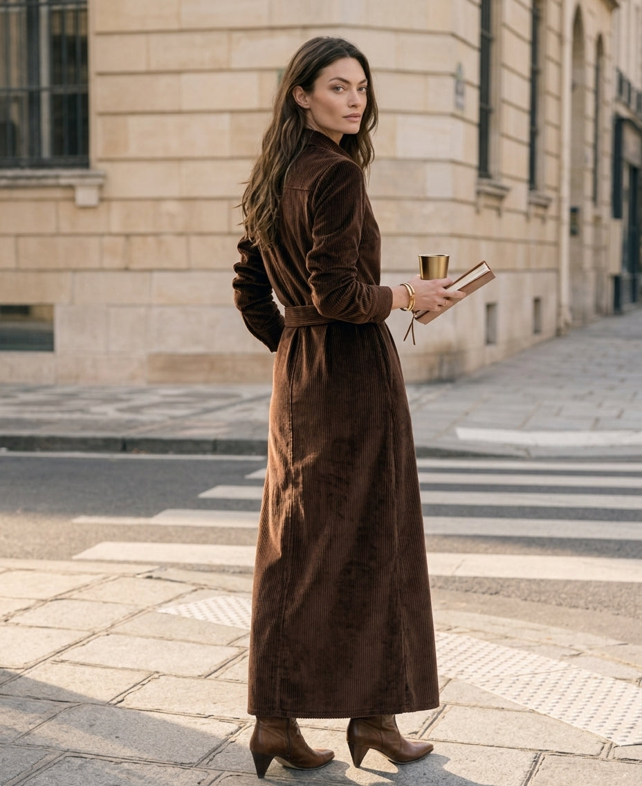 Women's Casual Dark Brown Corduroy Long Sleeve Belted Maxi Shirt Dress MDZ1045H1LXY