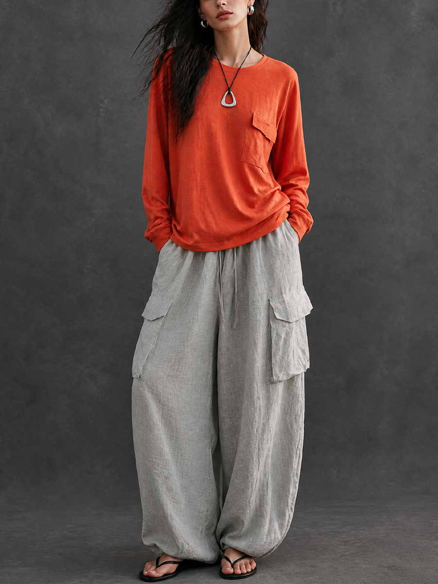 Women's Casual Crew Neck T-shirt And Cotton Linen Cargo Pants Set MDZ1093H8GMJ