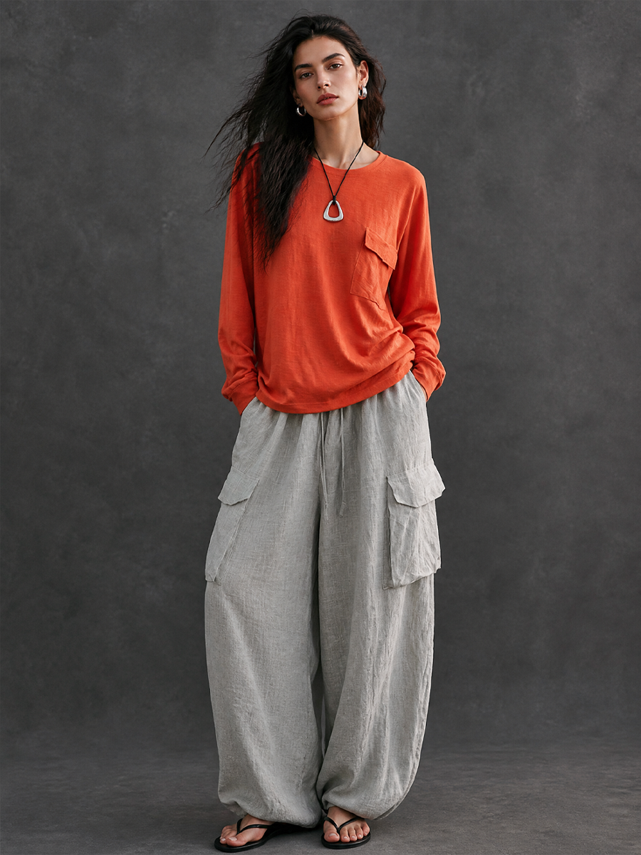 Women's Casual Crew Neck T-shirt And Cotton Linen Cargo Pants Set MDZ1093H8GMJ