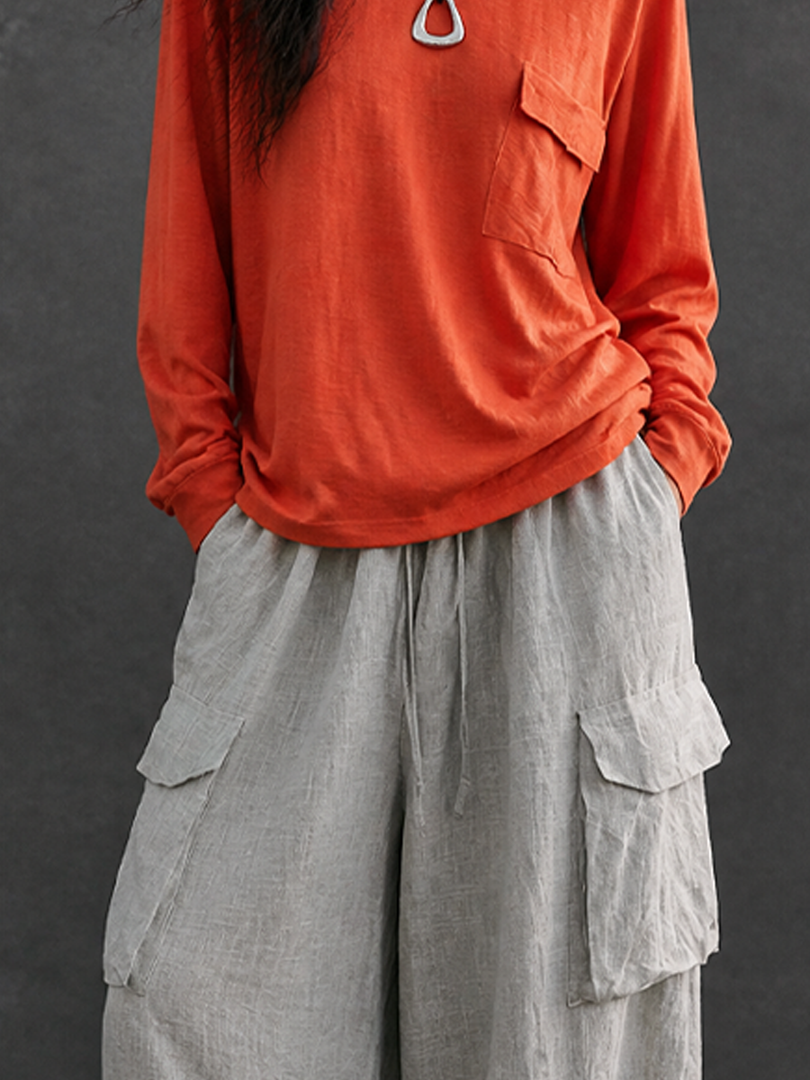 Women's Casual Crew Neck T-shirt And Cotton Linen Cargo Pants Set MDZ1093H8GMJ