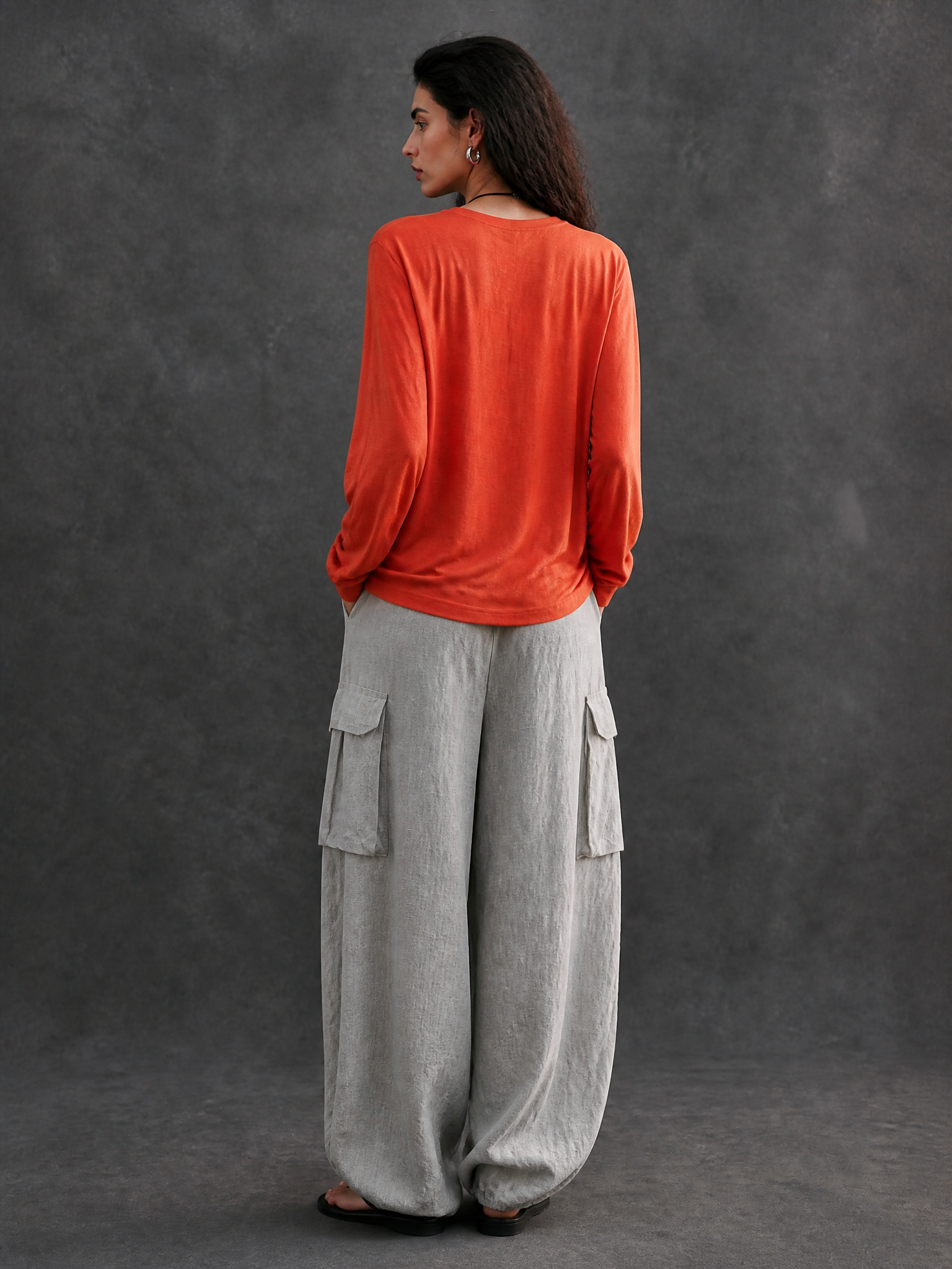 Women's Casual Crew Neck T-shirt And Cotton Linen Cargo Pants Set MDZ1093H8GMJ